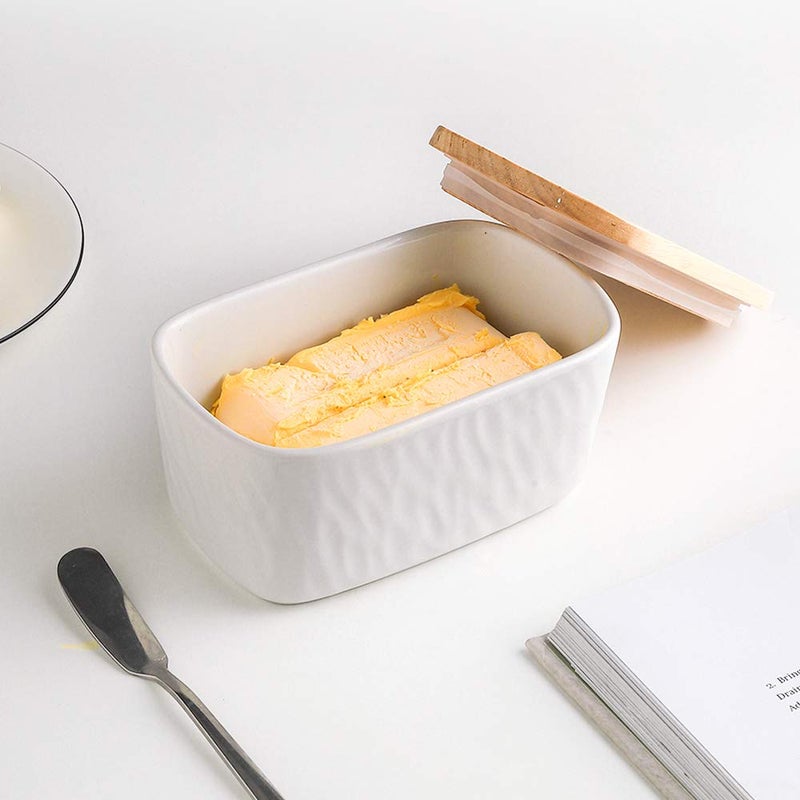 KOOV Porcelain Large Butter Dish with Lid, Airtight Butter Container with Oak Lid, Perfect for 2 Sticks, Texture Series (White) - Image 4